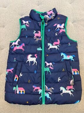 EUC Joules Flip it Vest reversible puffer vest in GREEN AND navy horses